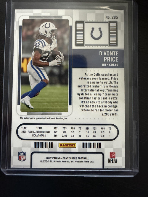 2022 Panini Contenders #285 D'Vonte Price Rookie Ticket Showcase