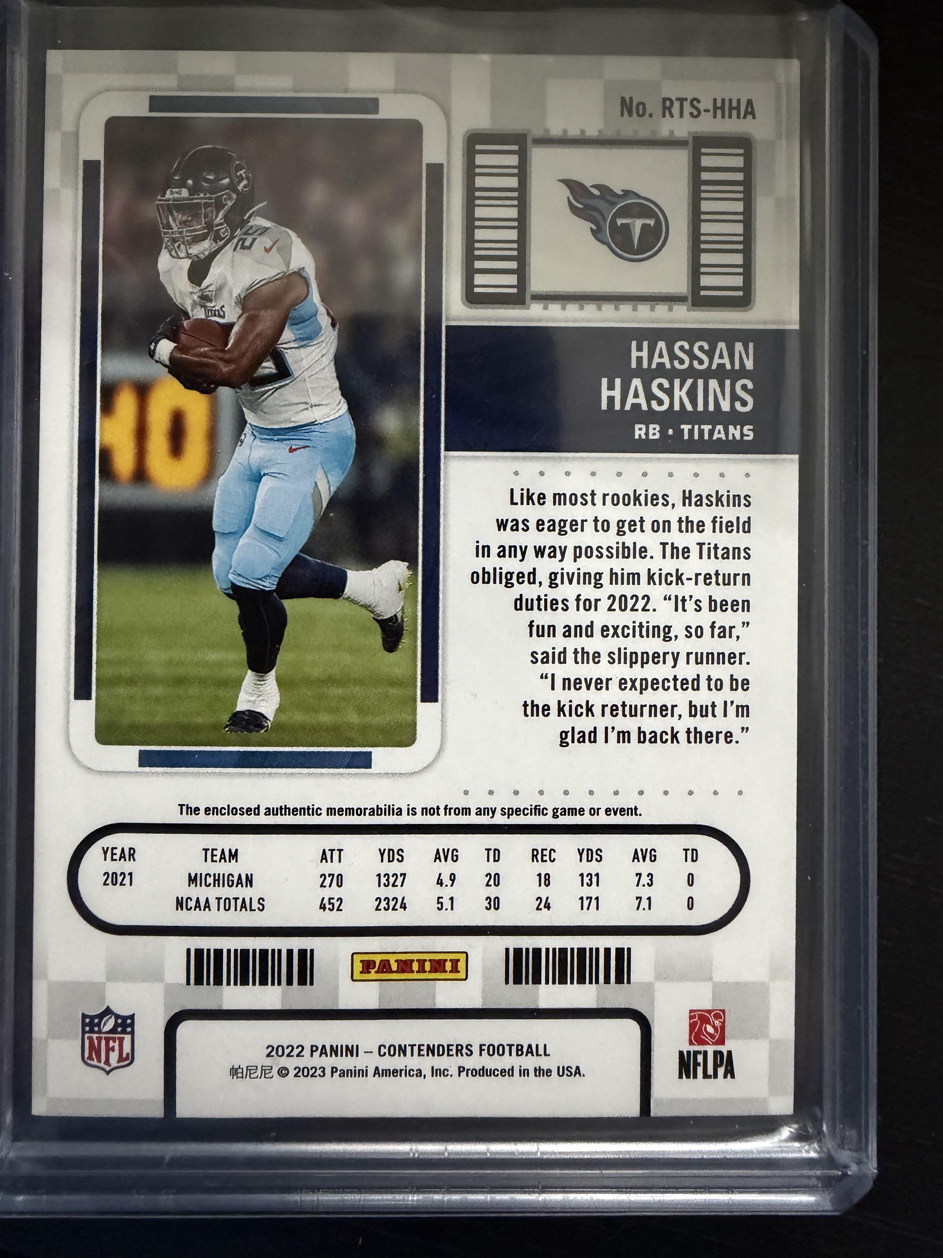 2022 Panini Contenders #RTS-HHA Hassan Haskins Rookie Ticket Swatches