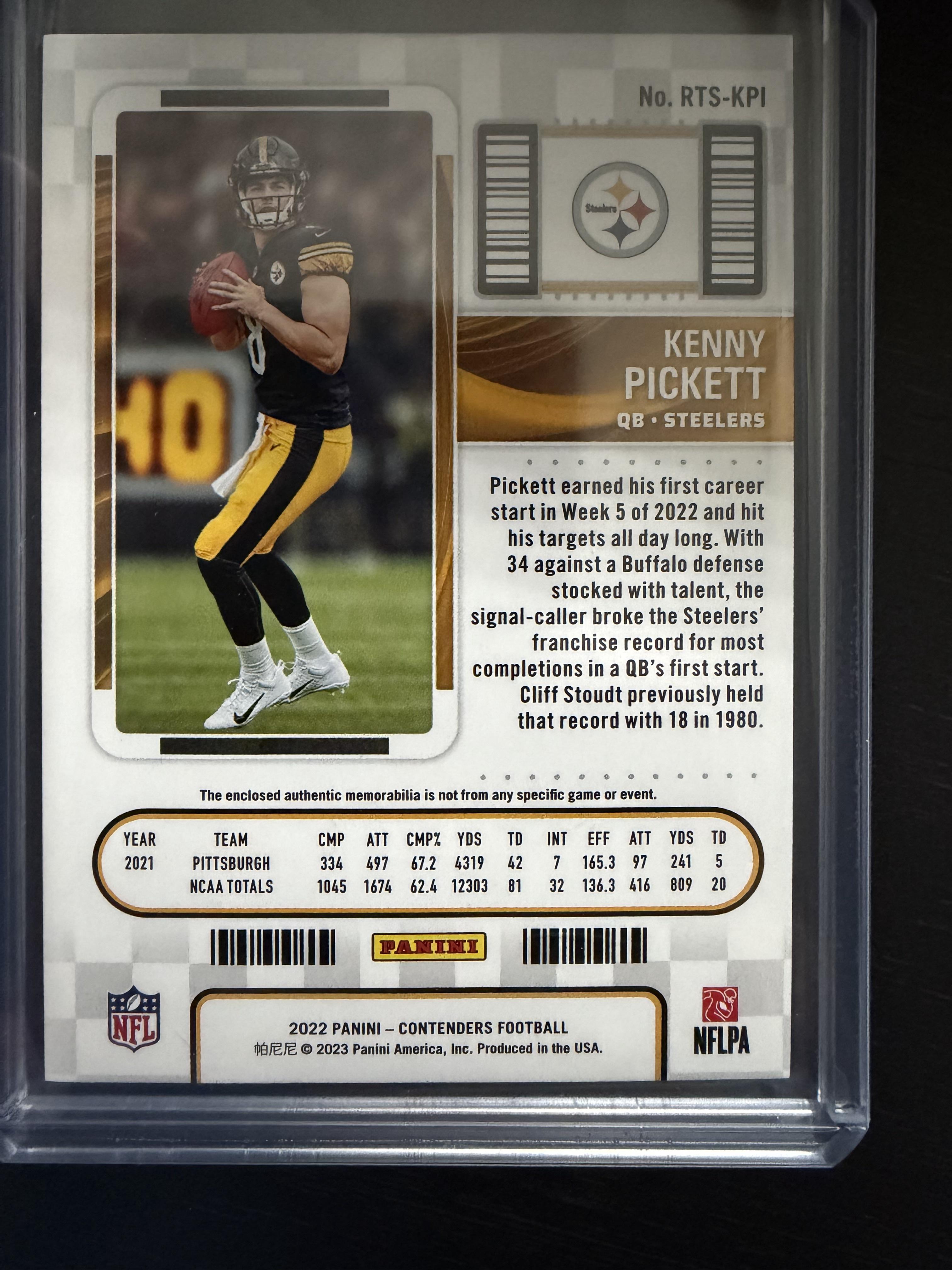 2022 Panini Contenders #RTS-KPI Kenny Pickett Rookie Ticket Swatches