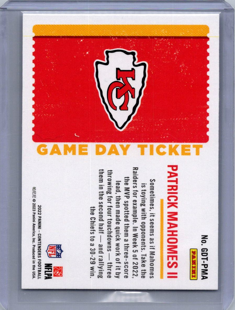 2022 Panini Contenders #GDT-PMA Patrick Mahomes II Game Day Ticket