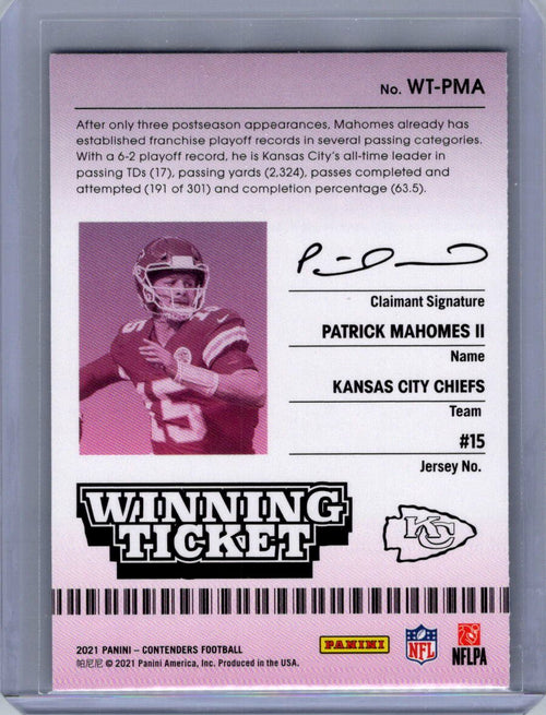 2021 Panini Contenders #WT-PMA Patrick Mahomes II Winning Ticket Emerald