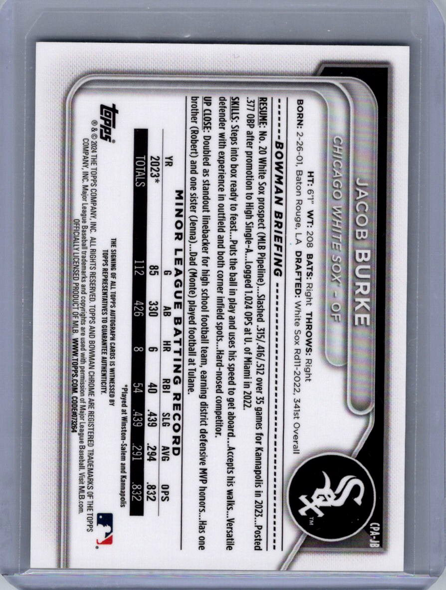 2024 Bowman #CPA-JB Jacob Burke Chrome Prospect Autographs