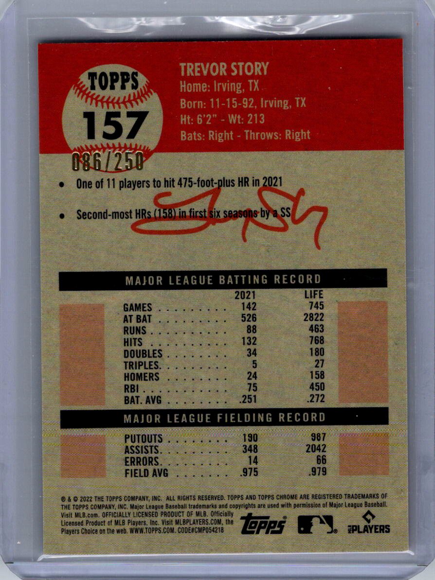 2022 Topps Chrome Platinum Anniversary #157 Trevor Story Yellow RayWave #/250