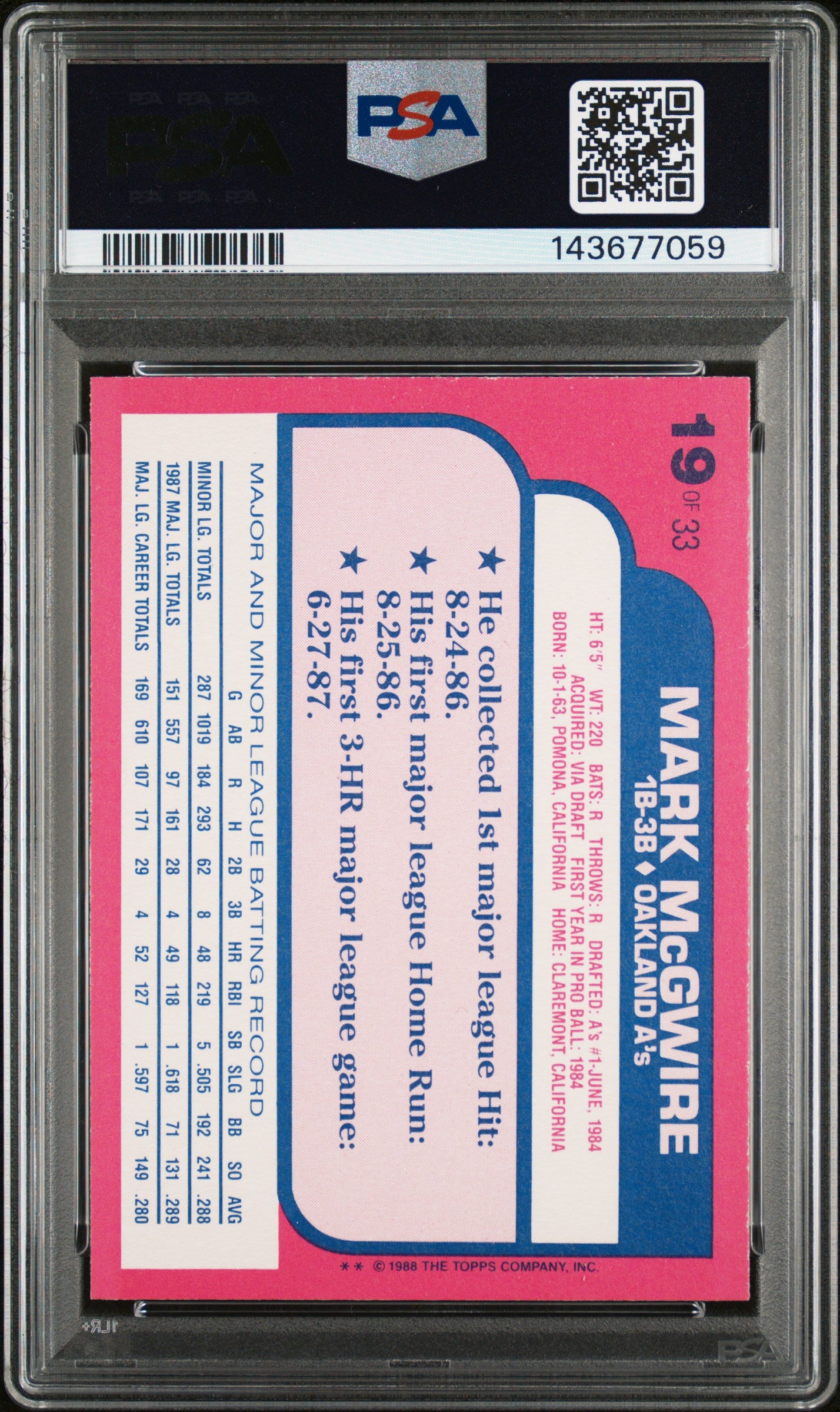 1988 Topps Toys "R" Us Rookies #19 Mark McGwire PSA 8