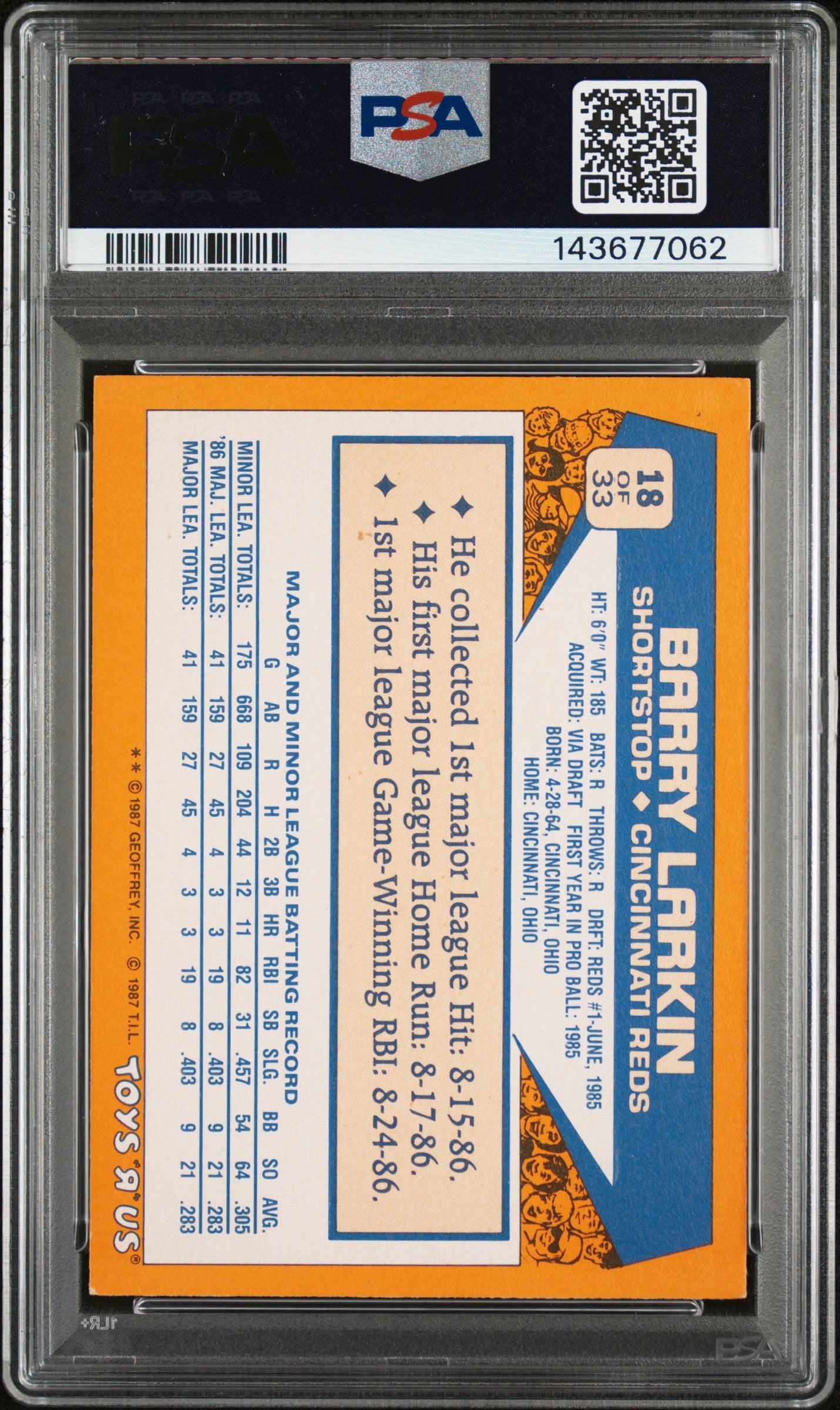 1987 Topps Toys "R" Us Rookies #18 Barry Larkin PSA 4