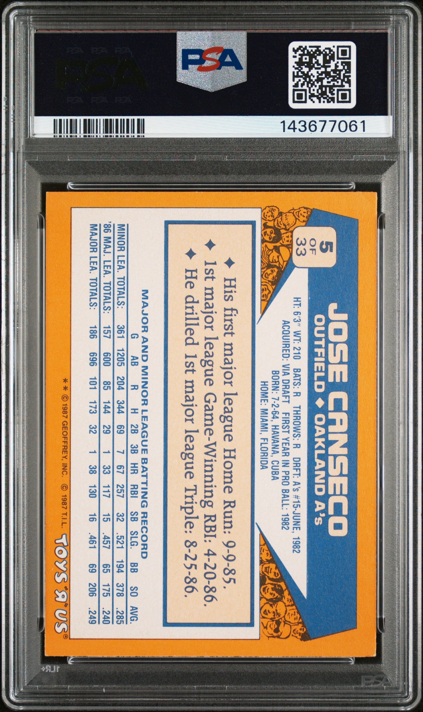 1987 Topps Toys "R" Us Rookies #5 Jose Canseco PSA 4