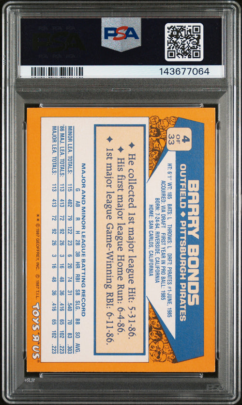 1987 Topps Toys "R" Us Rookies #4 Barry Bonds PSA 7