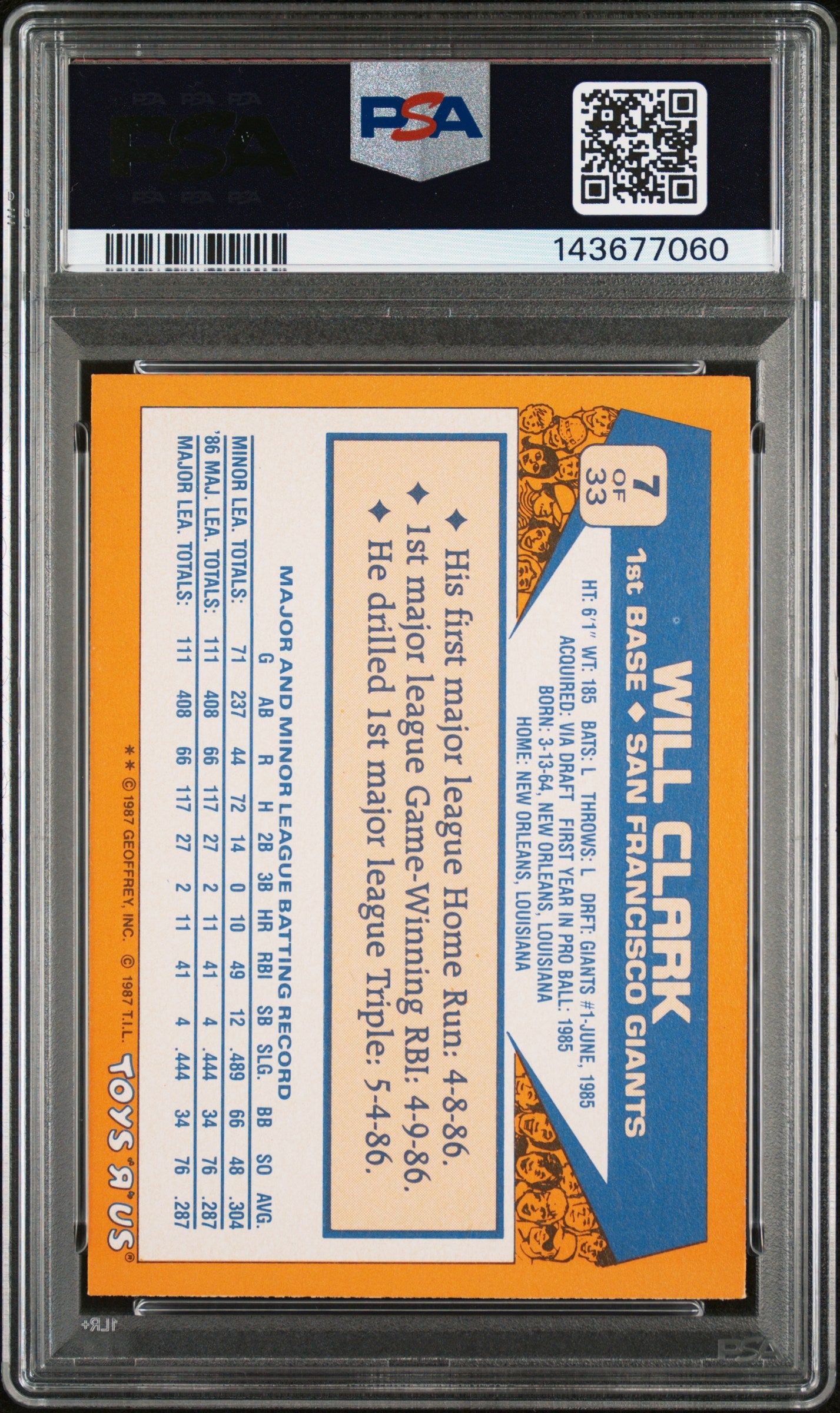 1987 Topps Toys "R" Us Rookies #7 Will Clark PSA 6